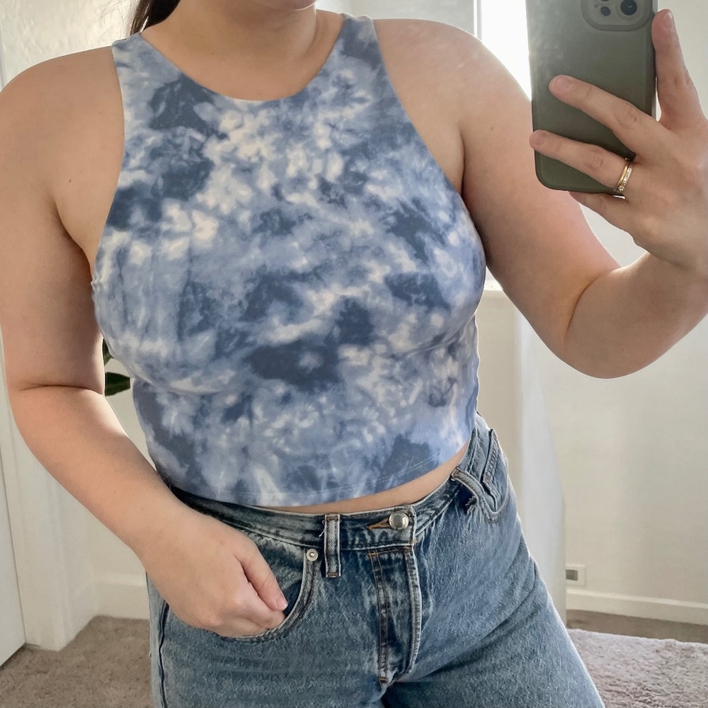 Wash Effect Contour Cross-Back Tie Dye Cloud Sky Tank Crop Cropped Hippie Cami
